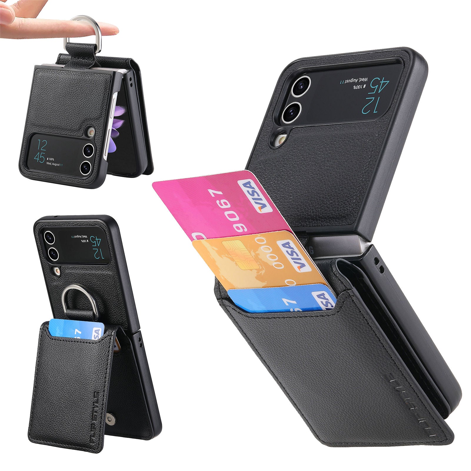 For Samsung Galaxy Z Flip4 5G Card Holder Kickstand Case PU Leather Coated PC Phone Cover with Built-in Metal Sheet For Samsung Galaxy Z Flip4 5G Card Holder Kickstand Case PU Leather Coated PC Phone Cover with Built-in Metal Sheet